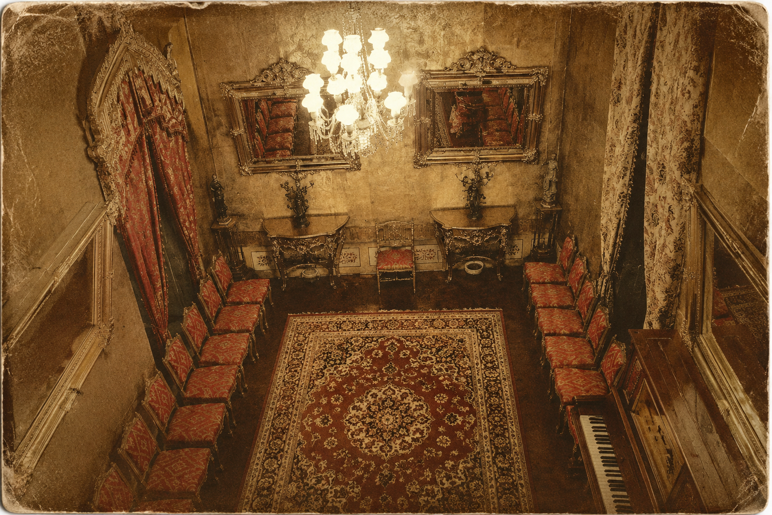 Interior hist&oacute;rico de la Casa Dorada de Tarija con salones ornamentales, l&aacute;mpara y mobiliario antiguo