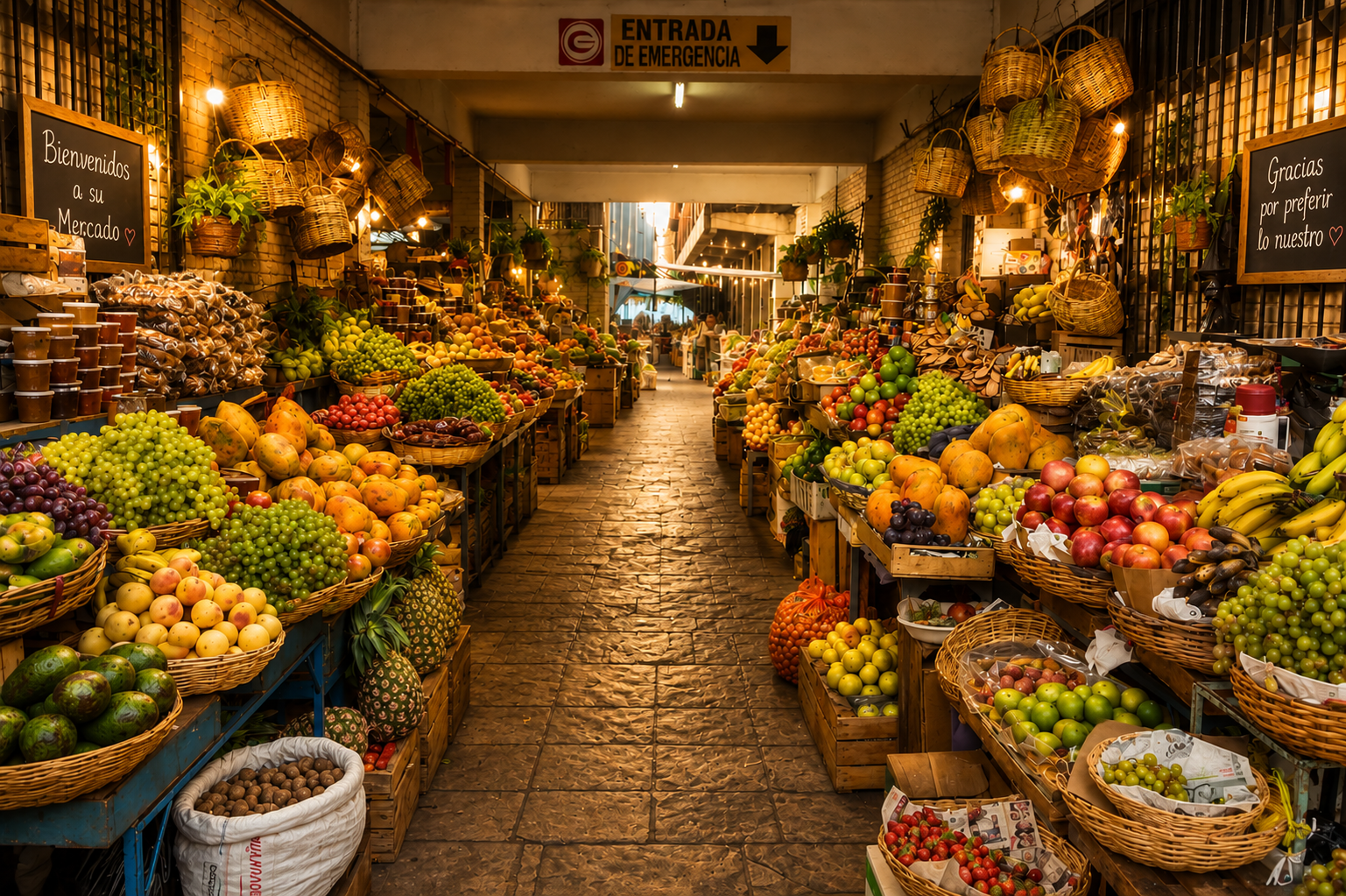 Mercado Central de Tarija con frutas frescas, puestos iluminados y productos locales