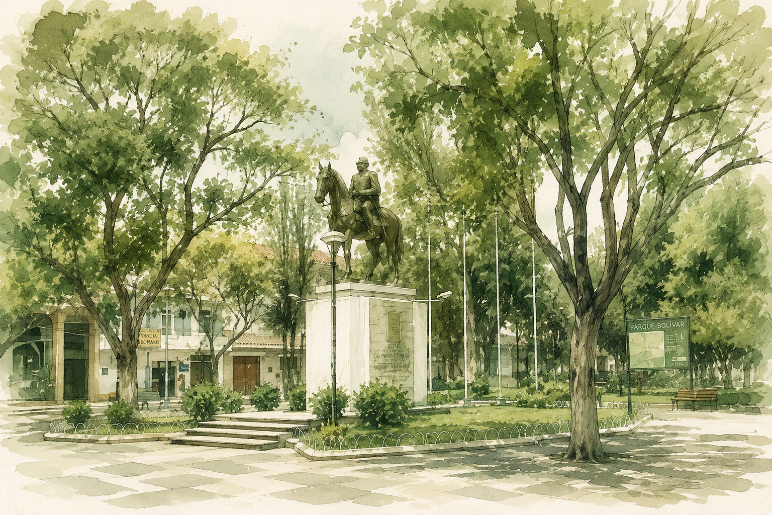 Ilustraci&oacute;n pict&oacute;rica de Parque Bol&iacute;var en Tarija con palmeras, bancos y luz verde filtrada