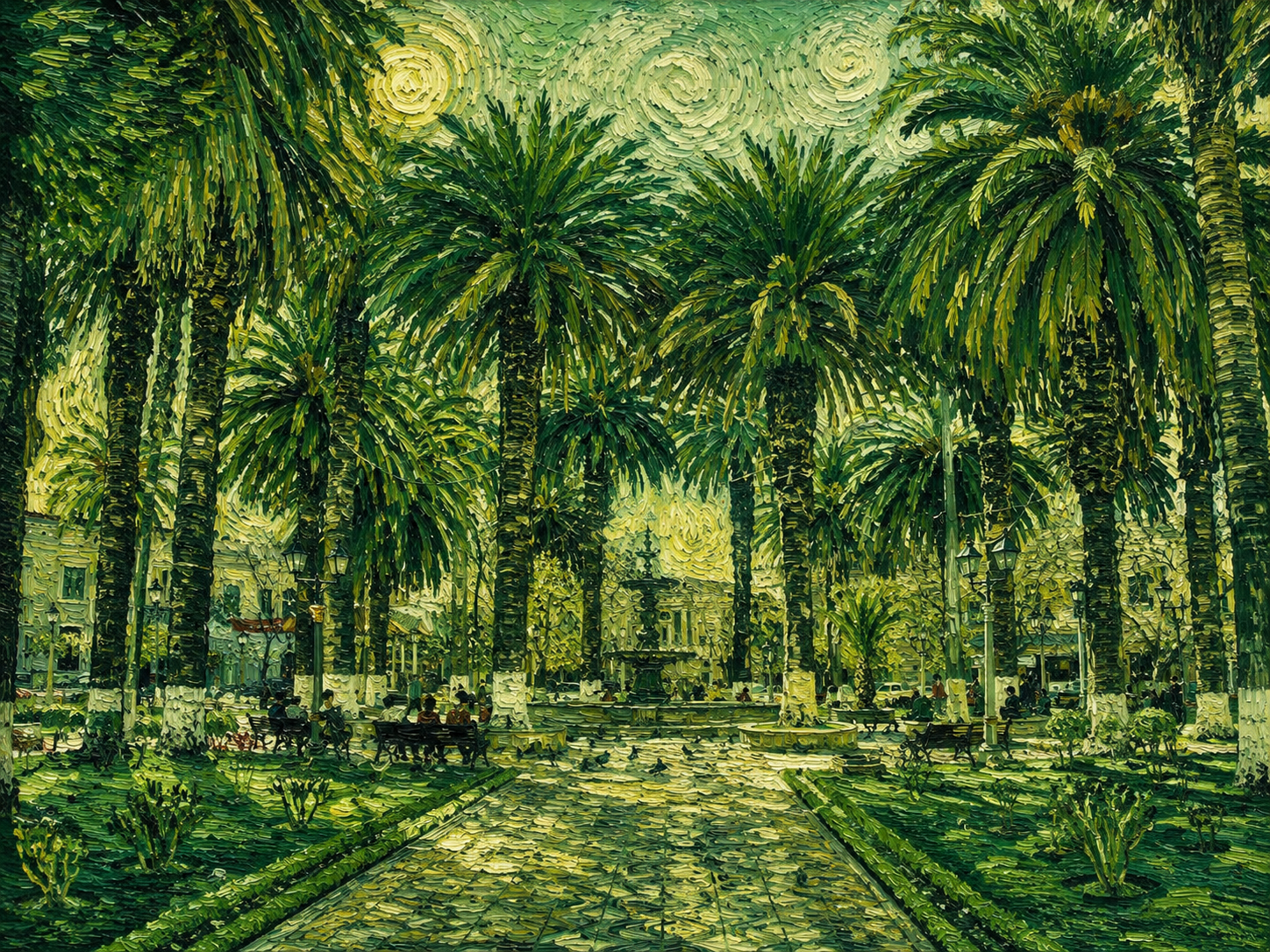 Ilustraci&oacute;n pict&oacute;rica de la Plaza Luis de Fuentes en Tarija con vegetaci&oacute;n, senderos y bancos