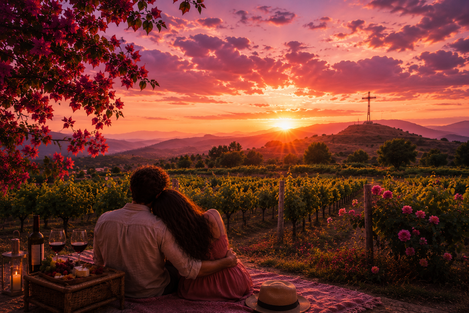 Vi&ntilde;edos de Tarija al atardecer con una pareja, vino y paisaje de valle